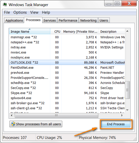 Close any Outlook-related processes in Task Manager to resolve the issue.