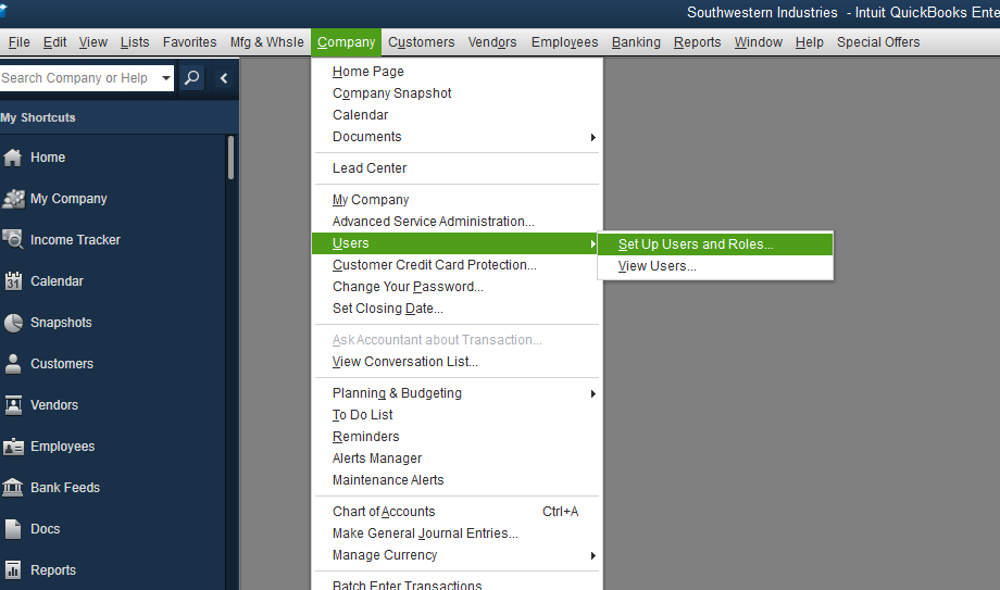 setting up the QuickBooks user permission