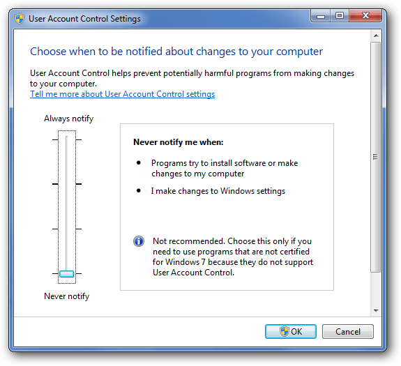 Windows user account control settings to fix quickbooks error 15271
