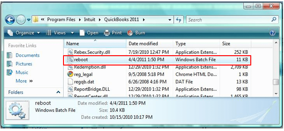 the file you specified cannot be opened QuickBooks : run reboot.bat file