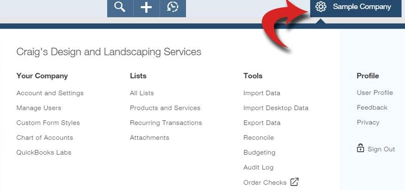 where is the gear icon on the QuickBooks desktop : gear icon includes