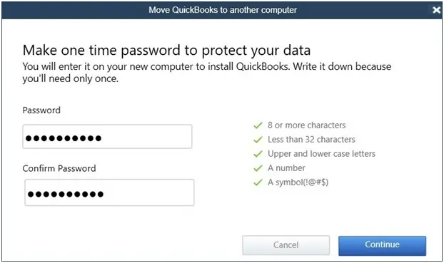 Create password to transfer QuickBooks to a new computer