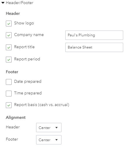 Header and Footer Balance Sheet Options in QB