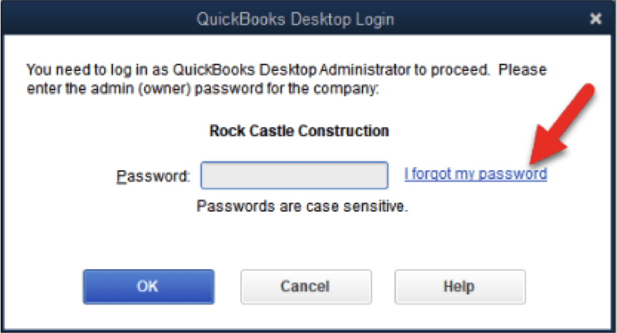 How to change quickbooks password: Select I forget the password