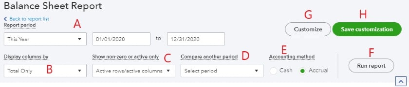 Set Options for the QuickBooks Balance Sheet Report