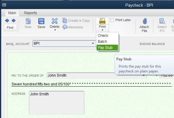 Quickbooks paystub password: Tap on the Print icon above the cheque, followed by Pay Stub